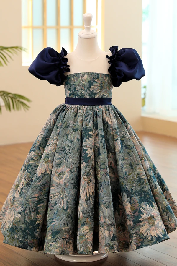 Vintage / Originale Bleu Marine Anniversaire Impression Robe Ceremonie Fille 2023 Princesse Encolure Carrée Gonflée Manches Courtes Dos Nu Noeud Ceinture Longue