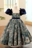 Vintage / Originale Bleu Marine Anniversaire Impression Robe Ceremonie Fille 2023 Princesse Encolure Carrée Gonflée Manches Courtes Dos Nu Noeud Ceinture Longue