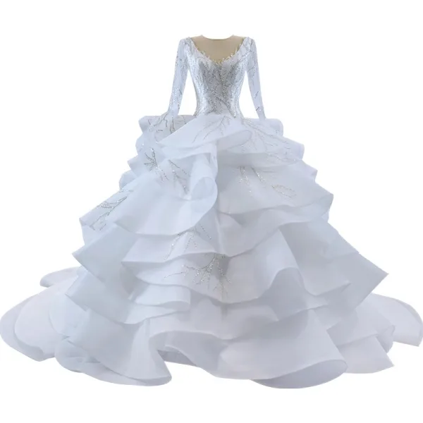 Luxury / Gorgeous Charming White Beading Sequins Cascading Ruffles Wedding Dresses 2023 Ball Gown Scoop Neck Long Sleeve Backless Chapel Train Wedding