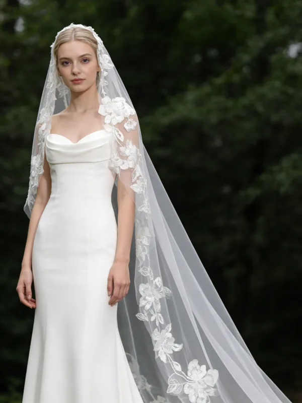 Vintage / Retro White Lace Flower 3 m Wedding Veils 2026 Tulle