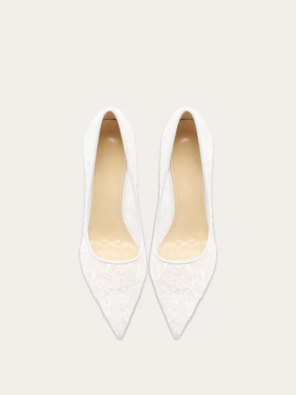 Elegante Witte Kant Bloem Bruidsschoenen 2025 10 cm Naaldhakken / Stiletto Spitse Neus Huwelijk Pumps Hoge Hakken