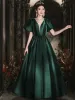 Elegant Dark Green Satin Prom Dresses 2024 A-Line / Princess V-Neck Puffy Short Sleeve Backless Floor-Length / Long Prom Formal Dresses