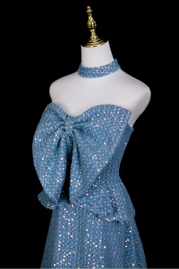 Scintillantes Bleu Ciel Paillettes Soirée Robe De Fete 2025 Princesse Noeud Bustier Sans Manches Dos Nu Longue Robe De Ceremonie