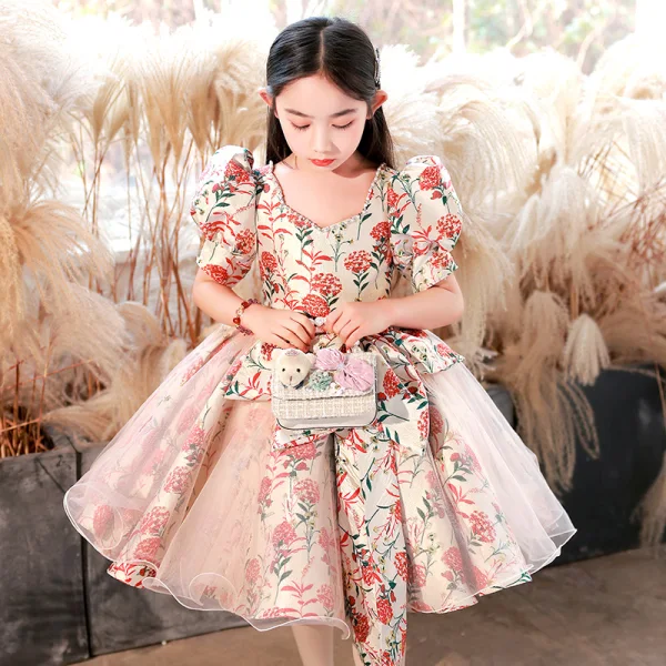 Chic / Beautiful Beige 3D Lace Prom Flower Girl Dresses 2022 Ball Gown Pearl Rhinestone Square Neckline Puffy Short Sleeve Backless Floor-Length / Long Flower Girl Dresses