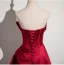 Chinese style Burgundy Lace Flower Appliques Prom Dresses 2024 A-Line / Princess Strapless Sleeveless Backless Sweep Train Satin Prom Formal Dresses