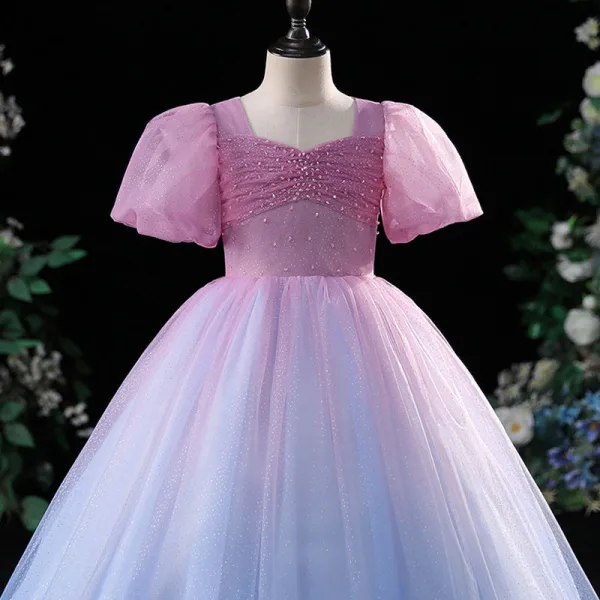 Charmant Dégradé De Couleur Rougissant Rose Anniversaire Robe Ceremonie Fille 2022 Robe Boule Encolure Carrée Perlage Paillettes Gonflée Manches Courtes Longue Robe Ceremonie Fille
