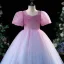 Charmant Dégradé De Couleur Rougissant Rose Anniversaire Robe Ceremonie Fille 2022 Robe Boule Encolure Carrée Perlage Paillettes Gonflée Manches Courtes Longue Robe Ceremonie Fille