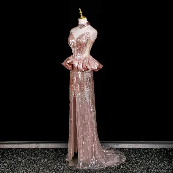 Sexy Rødmende Rosa Rhinestone Paljetter Asymmetrisk Selskapskjoler 2025 Trompet / Havfrue Kjæreste Uten Ermer Ryggløse Feie Tog Formelle Kjoler
