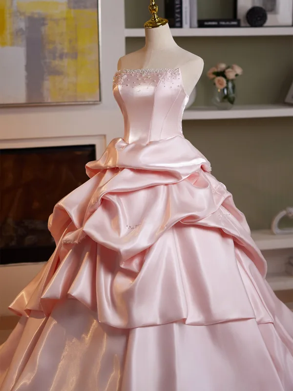 Elegant Candy Pink Pearl Cascading Ruffles Satin Prom Dresses 2026 Ball Gown Strapless Sleeveless Backless Sweep Train Formal Dresses