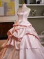 Elegant Candy Pink Pearl Cascading Ruffles Satin Prom Dresses 2026 Ball Gown Strapless Sleeveless Backless Sweep Train Formal Dresses
