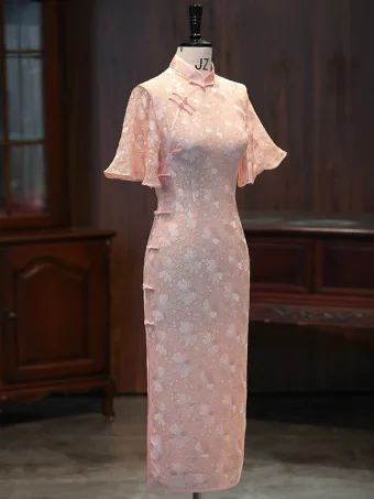 Chinese Style Blushing Pink Printing Split Front Tea Length Silk Cheongsam 2026 Trumpet Mermaid High Neck Bell Sleeves
