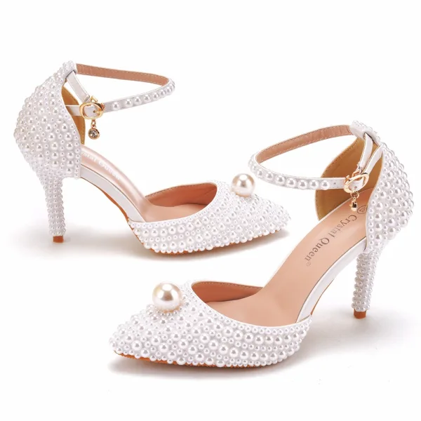 Élégant Blanche Perle Chaussure De Mariée 2023 Bride Cheville 9 cm Talons Aiguilles À Bout Pointu Mariage Sandales Talons Hauts