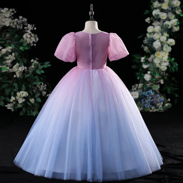 Charmant Dégradé De Couleur Rougissant Rose Anniversaire Robe Ceremonie Fille 2022 Robe Boule Encolure Carrée Perlage Paillettes Gonflée Manches Courtes Longue Robe Ceremonie Fille