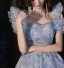 Fashion Sky Blue Printing Prom Dresses 2024 A-Line / Princess Square Neckline Short Sleeve Backless Floor-Length / Long Prom Formal Dresses