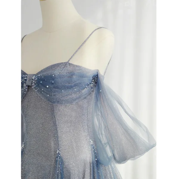Charmant Bleu Ciel Perlage Paillettes Robe De Bal 2023 Princesse Bretelles Spaghetti Sans Manches Dos Nu Longue Promo Robe De Ceremonie
