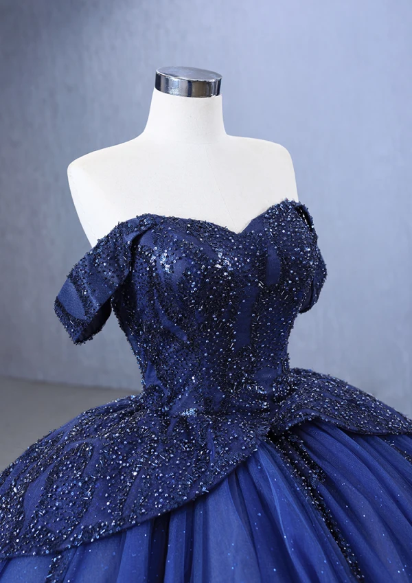 Vintage / Originale Haut de Gamme Bleu Marine Perlage Fait main Perle Paillettes Robe De Bal 2023 Robe Boule Col Haut Sans Manches Dos Nu Chapel Train Promo Robe De Ceremonie