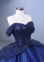 Vintage / Originale Haut de Gamme Bleu Marine Perlage Fait main Perle Paillettes Robe De Bal 2023 Robe Boule Col Haut Sans Manches Dos Nu Chapel Train Promo Robe De Ceremonie