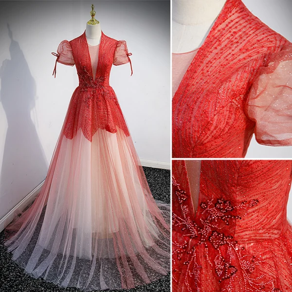 Chic / Belle Multi-Couleurs Rouge Robe De Bal 2022 Princesse U-Cou Manches Courtes Dos Nu Perlage Paillettes Longue Robe De Ceremonie