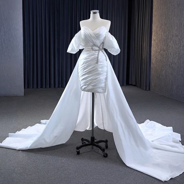 Sexy High-end White Evening Dresses 2023 A-Line / Princess Off-The-Shoulder Short Sleeve Rhinestone Bow Backless Court Train Evening Party Formal Dresses