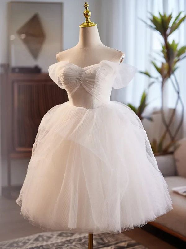 Modest / Simple White Pearl Short Wedding Dresses 2024 Ball Gown Off-The-Shoulder Short Sleeve Backless Tulle Wedding