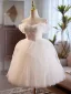 Modest / Simple White Pearl Short Wedding Dresses 2024 Ball Gown Off-The-Shoulder Short Sleeve Backless Tulle Wedding