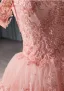 Haut de Gamme Rougissant Rose En Dentelle Fleur Paillettes Volants en Cascade Robe De Bal 2024 Robe Boule De l'épaule Manches Courtes Dos Nu Train De Balayage Promo Robe De Ceremonie