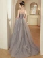 Charmant Argenté Gris Paillettes En Dentelle Fleur Robe De Soirée 2023 Princesse Bustier Sans Manches Dos Nu Volants en Cascade Longue Soirée Robe De Ceremonie