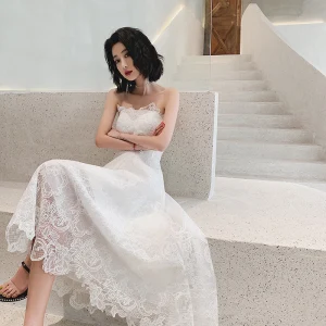 Charming Ivory Lace Flower Evening Dresses 2022 A Line Princess Strapless Sleeveless Backless Evening Party Floor Length Long Formal Dresses