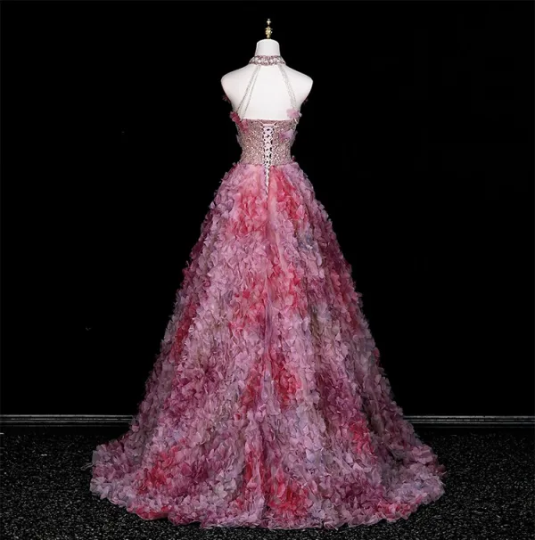 Blumenfee Rosa Strass Pailletten Applikationen Ballkleider 2025 A Linie Stehkragen Ärmellos Rückenfreies Sweep / Pinsel Zug Festliche Kleider