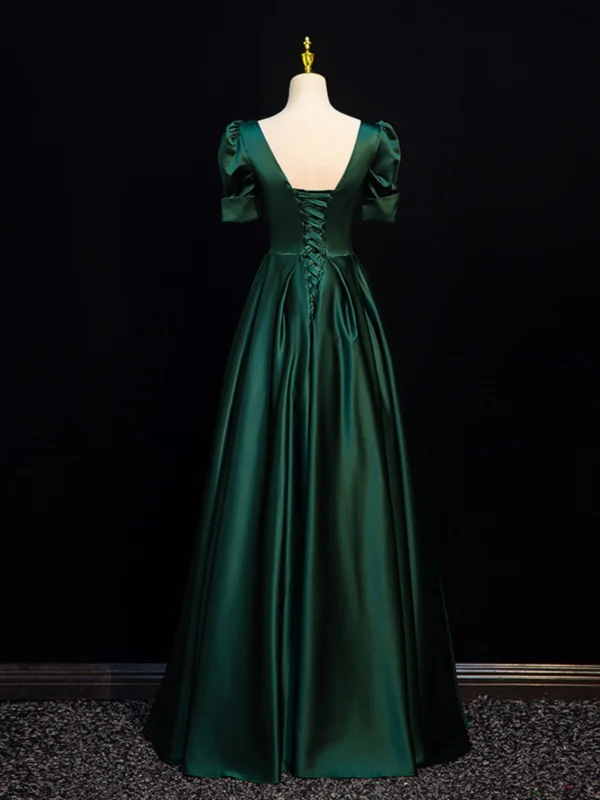 Vintage / Retro Dark Green Satin Prom Dresses 2024 A-Line / Princess Square Neckline Short Sleeve Backless Floor-Length / Long Prom Formal Dresses