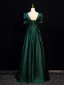 Vintage / Retro Dark Green Satin Prom Dresses 2024 A-Line / Princess Square Neckline Short Sleeve Backless Floor-Length / Long Prom Formal Dresses