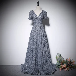 Sparkly Silver Grey Sequins Prom Dresses 2022 A Line Princess V Neck Short Sleeve Backless Floor Length Long Prom Formal Dresses
