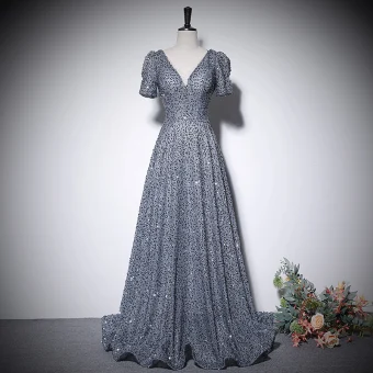 Sparkly Silver Grey Sequins Prom Dresses 2022 A Line Princess V Neck Short Sleeve Backless Floor Length Long Prom Formal Dresses