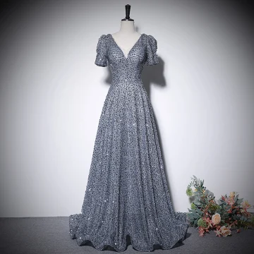 Brillante Plata Gris Lentejuelas Vestidos De Gala 2022 A Line Princess V Cuello Manga Corta Sin Espalda Largos Gala Vestidos Formales