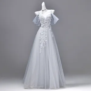 Flower Fairy Prom Dresses Grey Sequins Appliques Prom Dresses 2026 A Line Princess Spaghetti Straps Short Sleeve Backless Floor Length Long Formal Dresses