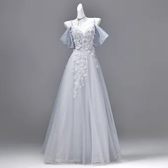 Fée Des Fleurs Robe De Bal Gris Paillettes Appliques Robe De Bal 2026 Princesse Bretelles Spaghetti Manches Courtes Dos Nu Longue Robe De Ceremonie