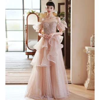 Charmant Rougissant Rose Perlage Paillettes Robe De Bal 2022 Princesse De L Épaule Manches Courtes Dos Nu Volants En Cascade Longue Robe De Ceremonie