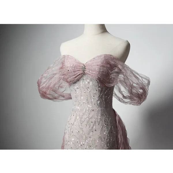 Charmant Gris Rougissant Rose Perlage Faux Diamant Paillettes Robe De Soirée 2022 Trompette / Sirène De l'épaule Manches Courtes Dos Nu Train De Balayage Soirée Robe De Ceremonie
