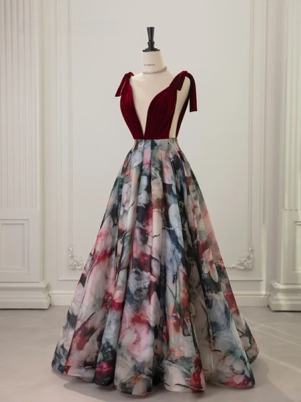 Vintage / Retro Burgundy Prom Dresses 2025 A-Line / Princess V-Neck Sleeveless Backless Floor-Length / Long Formal Dresses