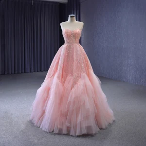 Haut De Gamme Rose Bonbon Perlage Paillettes Volants Robe De Bal 2023 Princesse Bustier Sans Manches Dos Nu Longue Promo Robe De Ceremonie