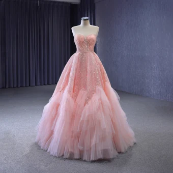 Haut De Gamme Rose Bonbon Perlage Paillettes Volants Robe De Bal 2023 Princesse Bustier Sans Manches Dos Nu Longue Promo Robe De Ceremonie
