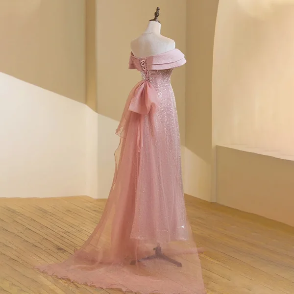 Glitzernden Rosa Pailletten Abendkleider 2023 A Linie Off Shoulder Ärmellos Rückenfreies Schleife Lange Abend Festliche Kleider