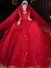 Vintage / Retro Red Beading Appliques Lace Flower Wedding Dresses 2024 Ball Gown Scoop Neck Long Sleeve Royal Train Wedding