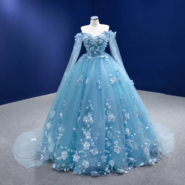 Elegant Pool Blue Pearl Appliques Prom Dresses 2022 Ball Gown Off-The-Shoulder Long Sleeve Backless Floor-Length / Long Formal Dresses
