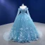 Elegant Pool Blue Pearl Appliques Prom Dresses 2022 Ball Gown Off-The-Shoulder Long Sleeve Backless Floor-Length / Long Formal Dresses