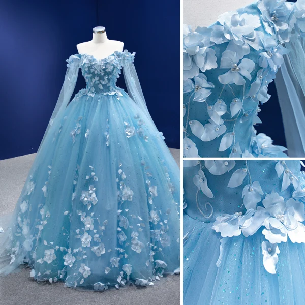 Elegant Pool Blue Pearl Appliques Prom Dresses 2022 Ball Gown Off-The-Shoulder Long Sleeve Backless Floor-Length / Long Formal Dresses
