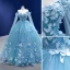 Elegant Pool Blue Pearl Appliques Prom Dresses 2022 Ball Gown Off-The-Shoulder Long Sleeve Backless Floor-Length / Long Formal Dresses