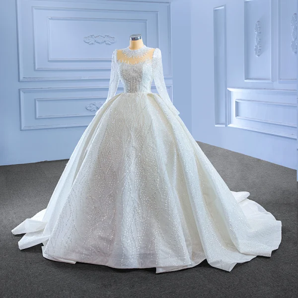 Luxury / Gorgeous White Handmade  Beading Sequins Wedding Dresses 2023 Ball Gown High Neck Long Sleeve Court Train Wedding