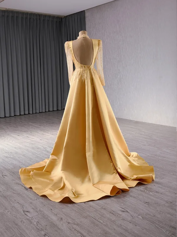 High-end Vintage / Retro Gold Sequins Trumpet / Mermaid Prom Dresses 2024 High Neck Long Sleeve Backless Sweep Train Prom Formal Dresses