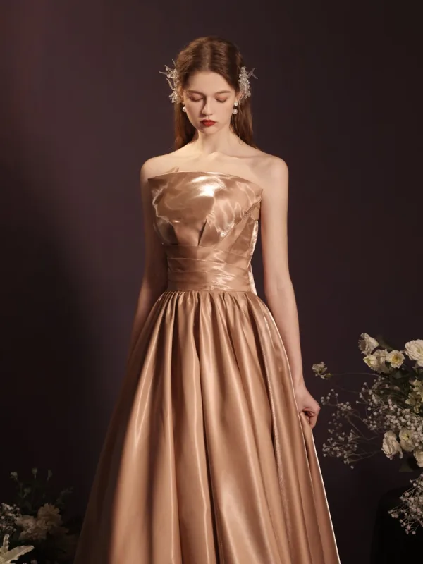 Sexy Khaki Satin Summer Evening Dresses 2023 A-Line / Princess Strapless Sleeveless Backless Bow Floor-Length / Long Evening Party Formal Dresses